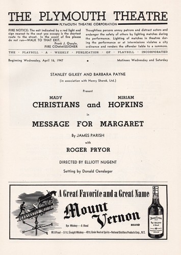 Mady Christians "MESSAGE FOR MARGARET" Miriam Hopkins 1947 FLOP Opening Playbill - Picture 2 of 6