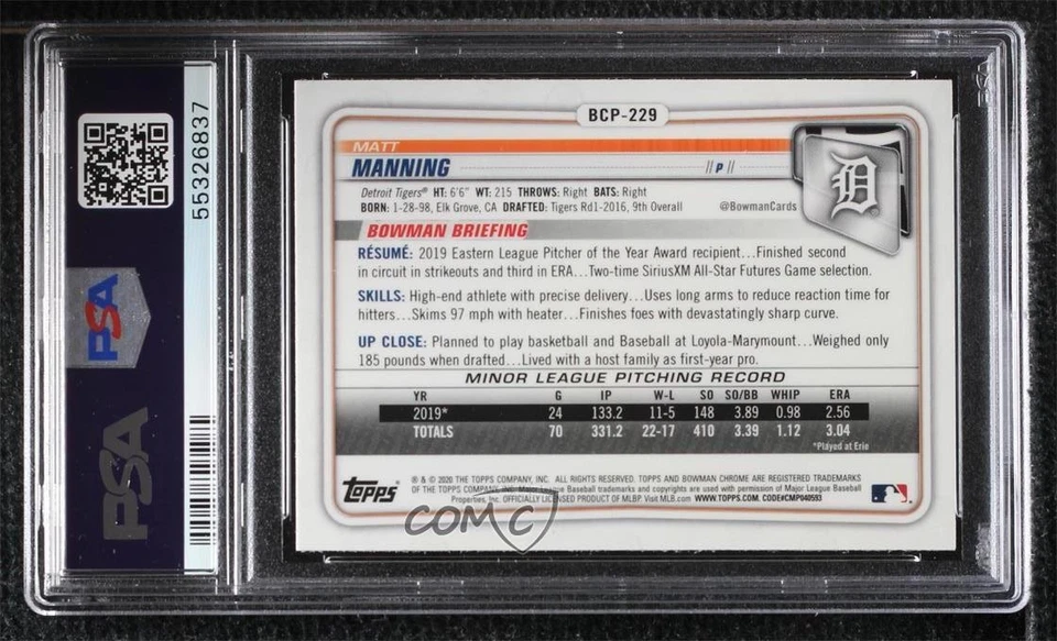 2020 Bowman Chrome Prospects Mega Box Mojo Refractor Matt Manning PSA 10 GEM MT - Image 2 of 2