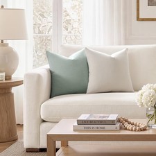 Set of 2 Ivory Throw Pillow Covers 18x18, Modern Farmhouse Linen Blend Decora...