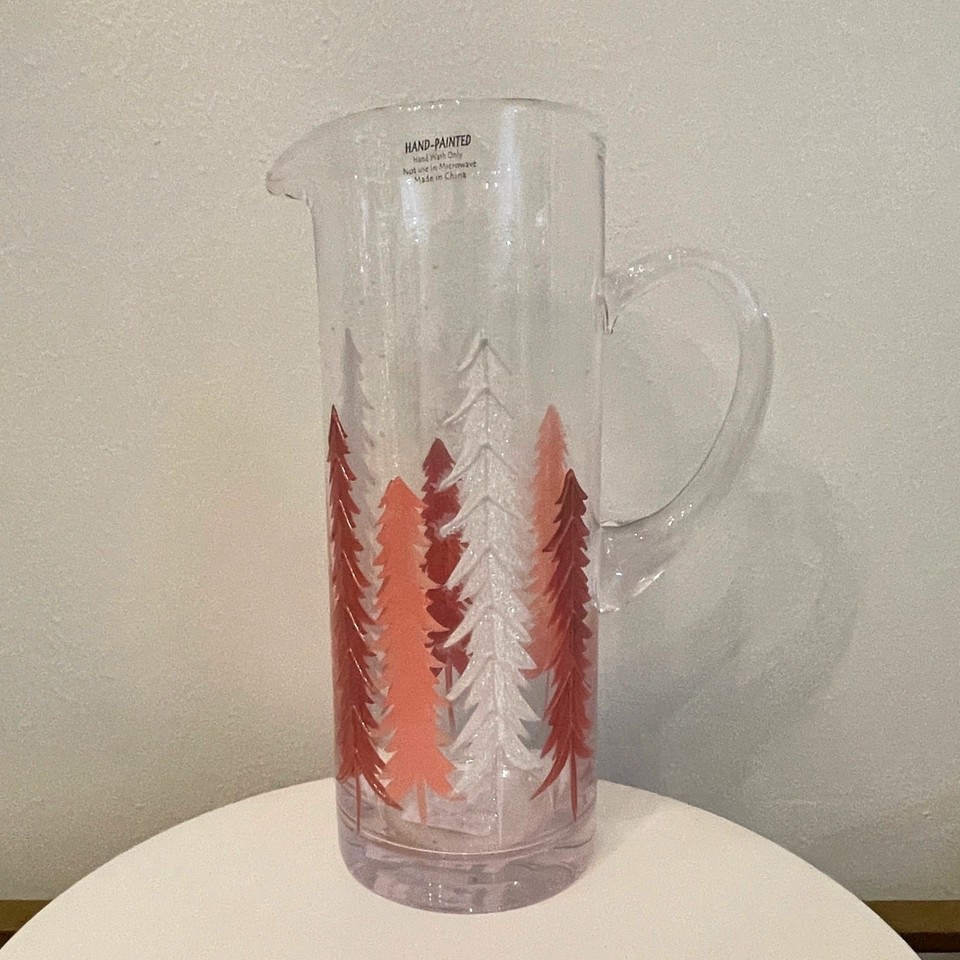 Tree Colorful Pitcher Hand-Painted Glass Pitcher Pink and White Christmas Pine Tree Forest ...
