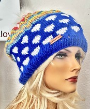 Hand Knits 2 Love Beanie Winter Hat Fair-isle Multicolors Faux Fur Pom Pom Heart