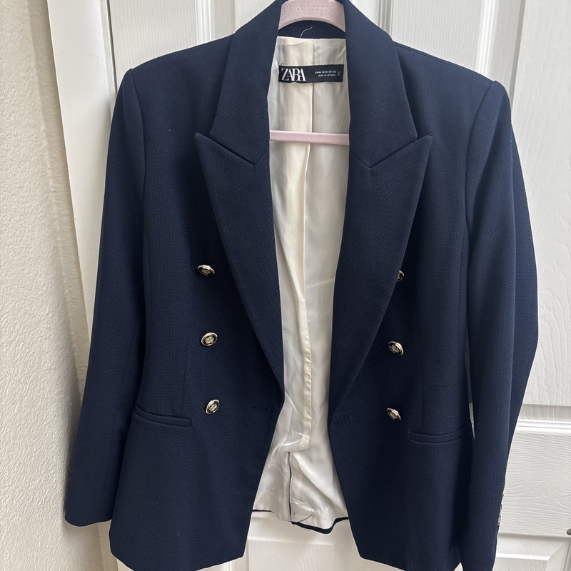 ZARA NAVY BLUE TAILORED DOUBLE-BREASTED BLAZER, SZ M