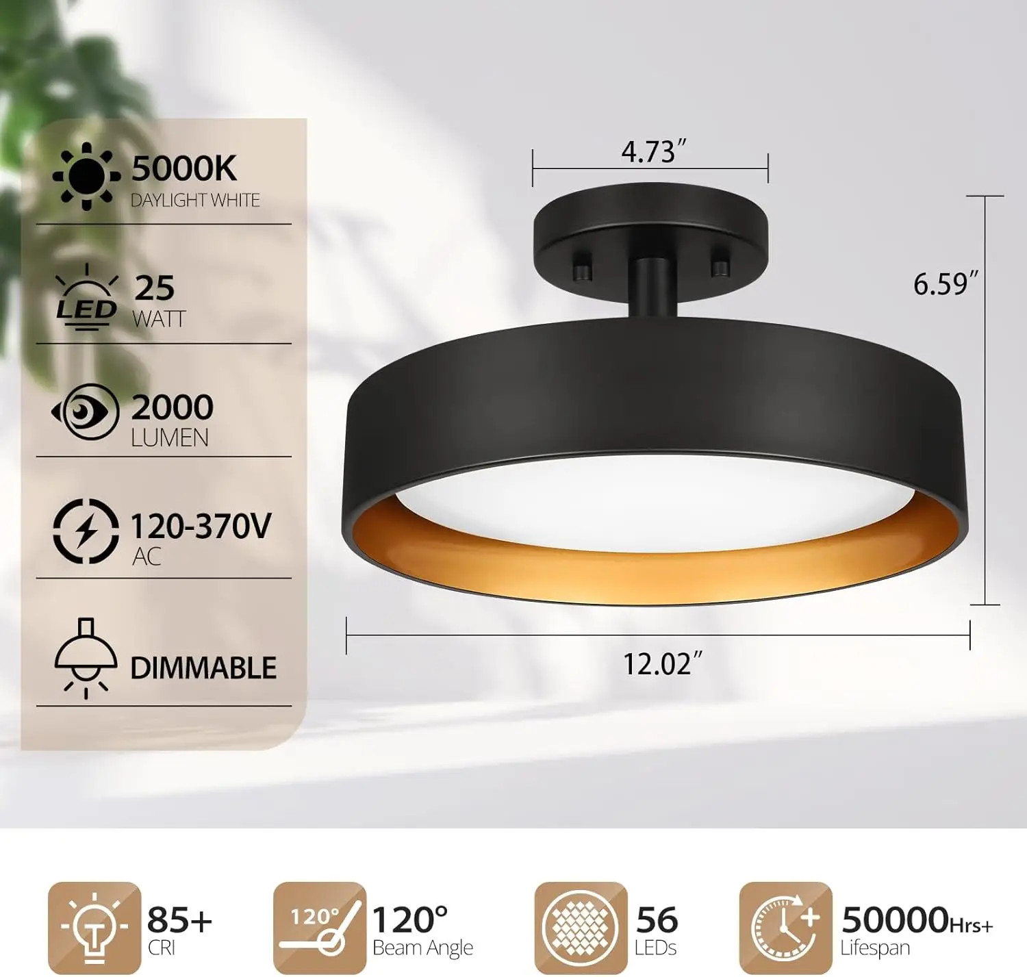 Semi Flush Mount Ceiling Lights, 12 Inch 25W LED Ceiling Light Fixture Black for