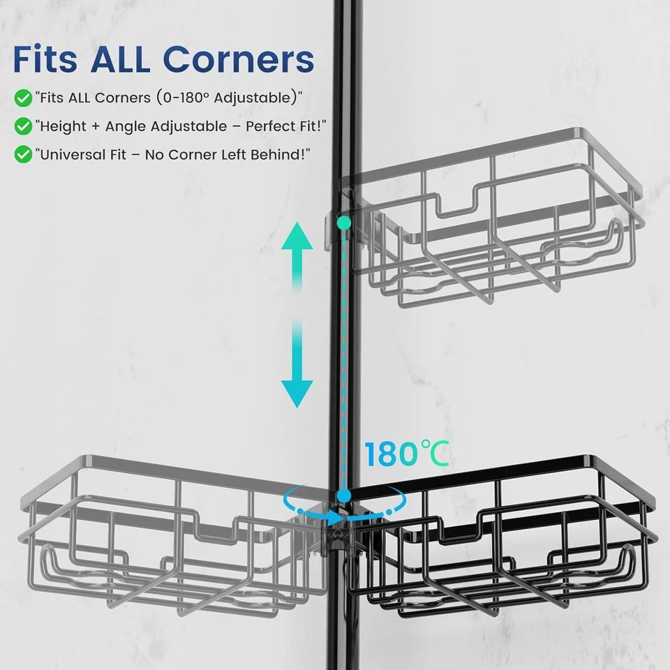 Shower Caddy Organizer Tension Pole, Rustproof Corner Shelf Adjustable Height - Image 4 of 4
