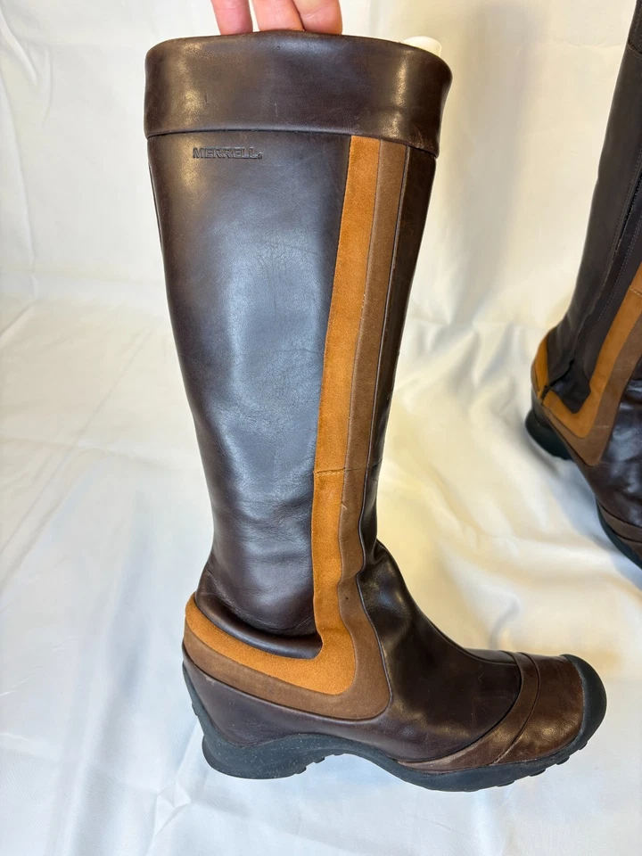 Merrell Eden Peak Boots Women's 6.5 Brown Tan Leather Wedge Knee High Riding Mod - Image 3 of 4
