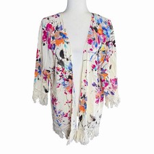UMGEE Floral short sleeve fringe kimono Size Small Bohemian Boho Hippie Indie