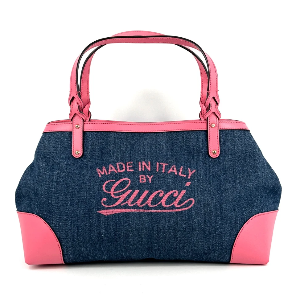 Auténtico bolso de mano artesanal GUCCI cuero azul denim rosa Foto 4 de 4