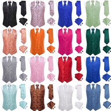 Mens Waistcoat Paisley Floral Solid Vest Tie Handkerchief Cufflinks Set Wedding