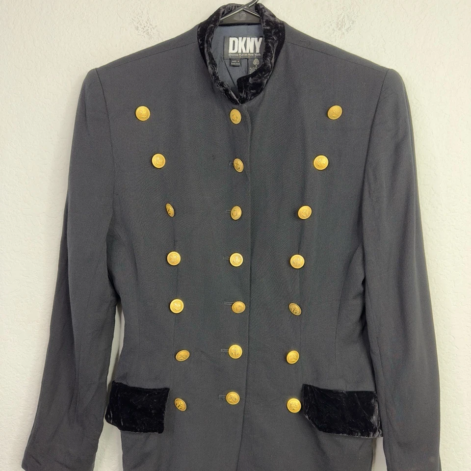 Blazer DKNY Mujer 8 Negro Lana Dorado Botón Terciopelo Cuello Militar De Colección Preppy Foto 3 de 4