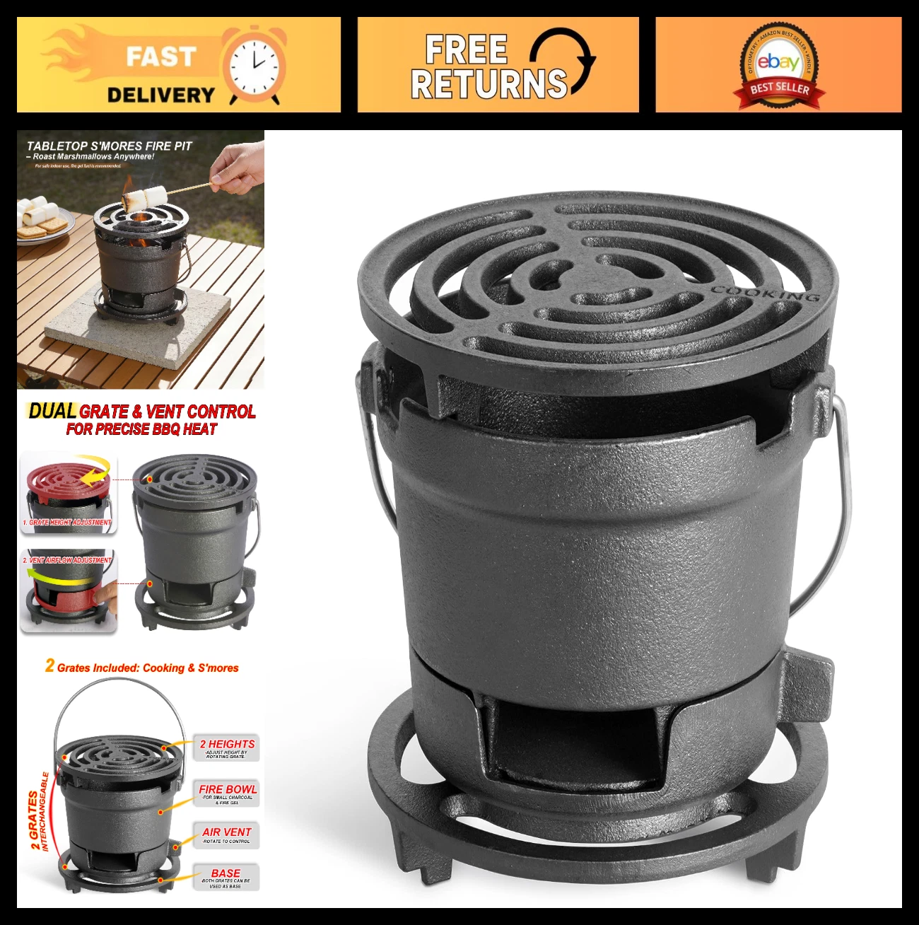 2-in-1 Portable Hibachi Grill, Pre-Seasoned Cast Iron, Mini Charcoal BBQ for Cam