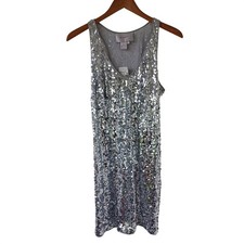 Mr Abbott Silver Sequin Silk Lined Mini Dress V-Neck Racerback L NWT $450