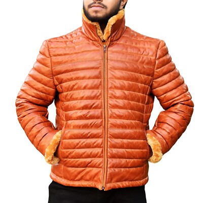 Mens Puffer Jacket Down Lambskin Brown Leather Quilted Jacket