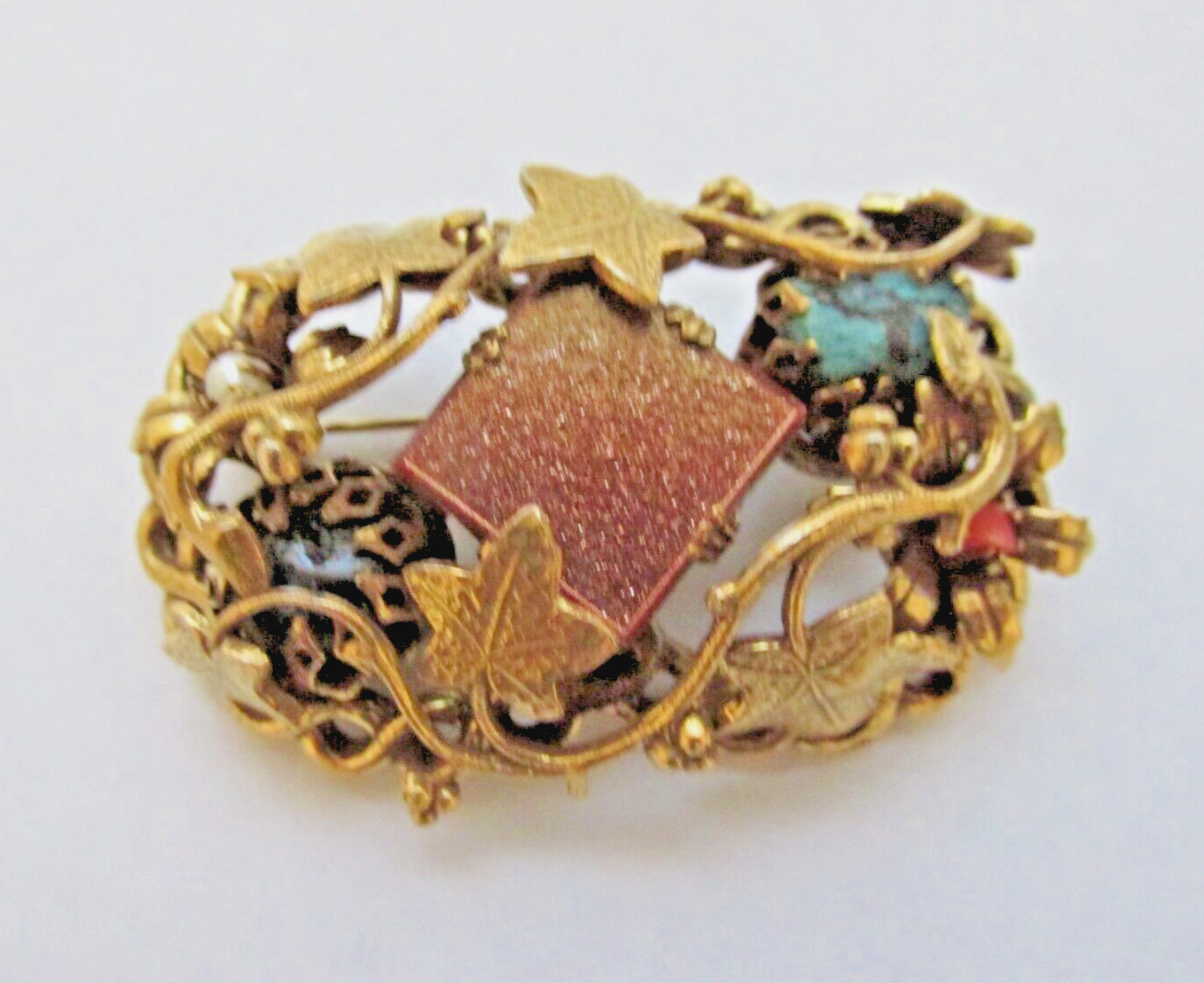 Vintage Art Nouveau Unique Gold Gilt on Brass Multi Gemstone Ivy Leaf Brooch