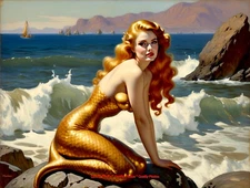 Golden Mermaid by the Sea 8.5x11" Photo Print Style Jean-Léon Gérôme/ Harker Art