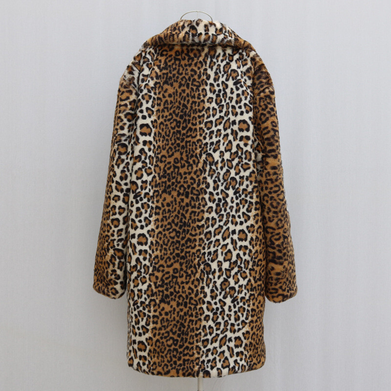 Men Leopard Print Mid Long Faux Fur Coat Mid Long Overcoat