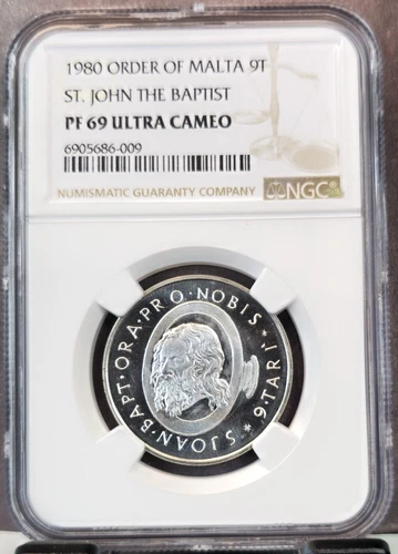 1980 ORDER OF MALTA SILVER 9 TARI SAINT JOHN NGC PF 69 ULTRA CAMEO TOP POP 1