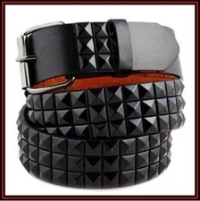 Black Studded Leather Belt Men's Womens Unisex 3-Rows Pyramid Punk Party Costume