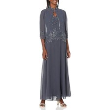 NWT J Kara 2pc beaded dress and long jacket size 4 gray