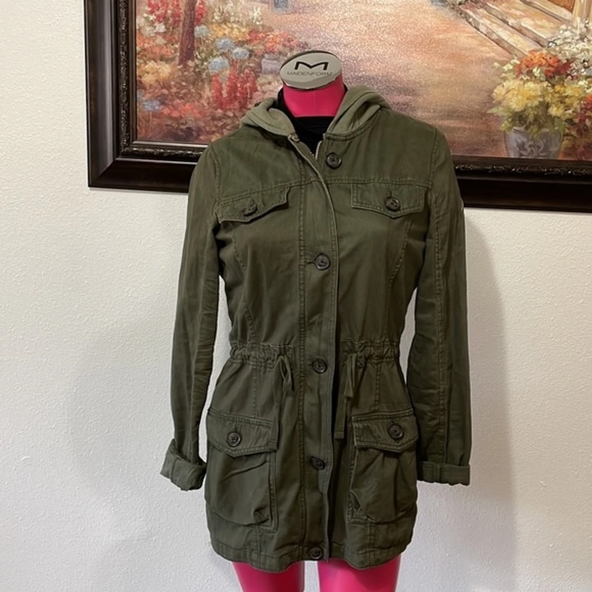 Hollister Military Fatigue Jacket Hooded Coat Olive Green Jacket Size Small