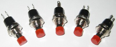 5 X Momentary Red Pushbutton Switch - 1/4'' Panel Mount - 125 V - 3 A - SPST N.O.