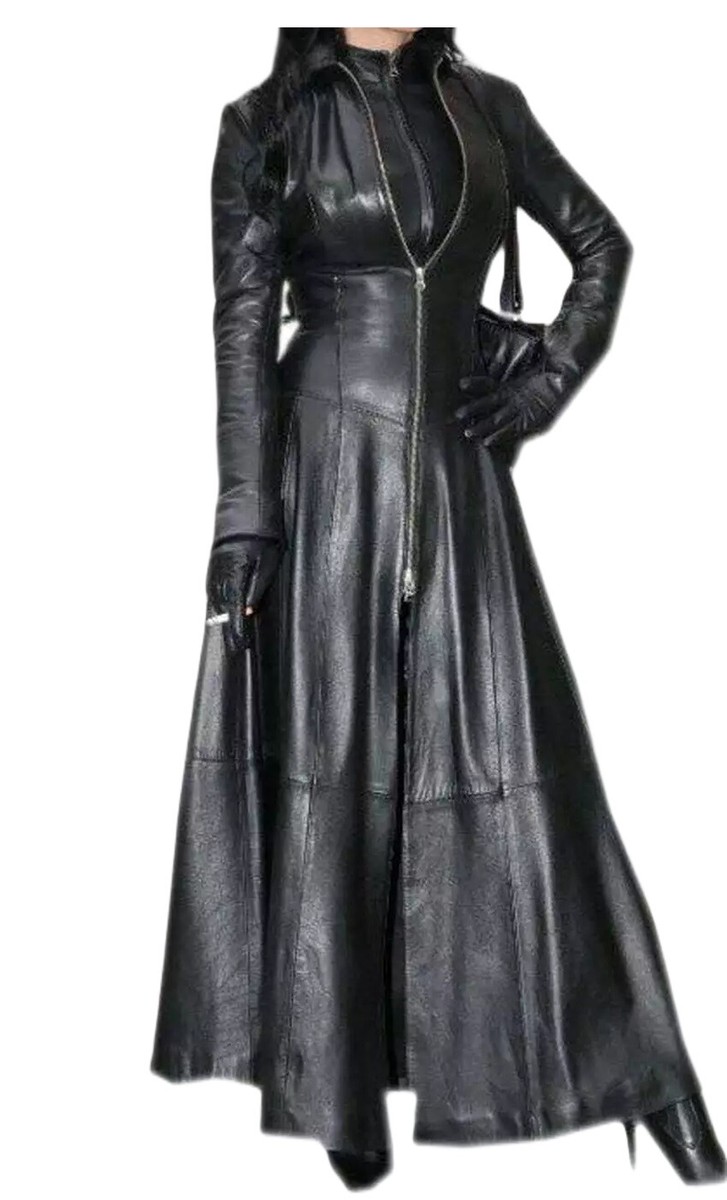 Women's Genuine Leather Long Dress Black Gown Mistress Leather Suit Gothic  Coat