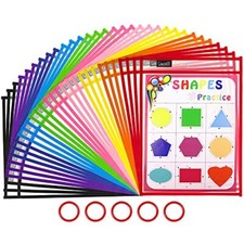 Dry Erase Pockets 30 Pack with Rings - Oversized Reusable Plastic Colorful