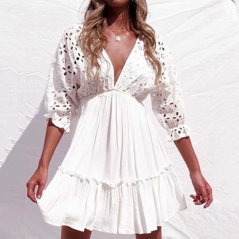 Sexy Plunge V Neck Dress Women Spring Summer White Lace Long Sleeve Mini  Dress | eBay