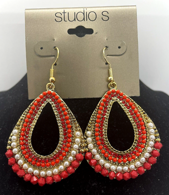 Earrings Red Pearl like Beads Dangle Teardrop Studio S Fashion