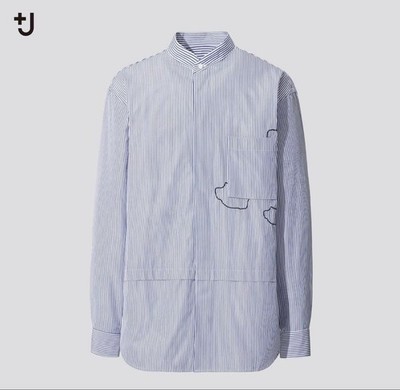 Jil Sander +J Navy Stripe Long Sleeve Shirt L Band Collar Used