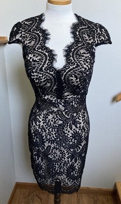 WINDSOR-BLACK LACE OPEN BACK MINI COCKTAIL DRESS-LINED-CAP  SLEEVE-STRETCH-L-NWT | eBay