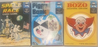 (3) Vintage EDU Card Games: Bozo, Piggy Bank, and Space Race. 60-70s: Retro Fun!