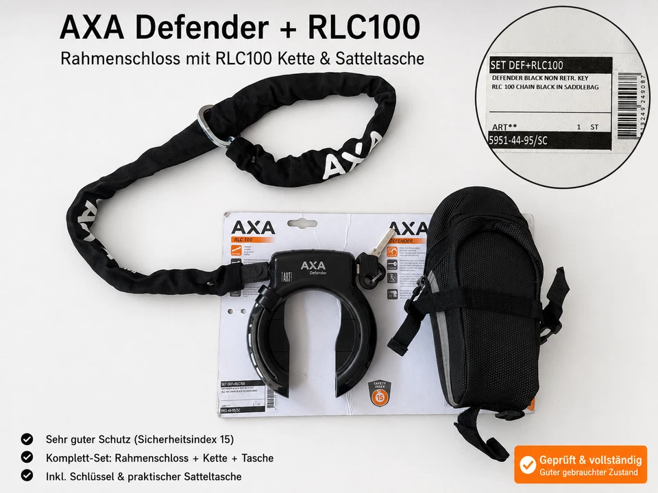 AXA Rahnenschloss Fahrradschloss Defender + RLC100 Kette + Satteltasche NEU - Bild 1 von 1