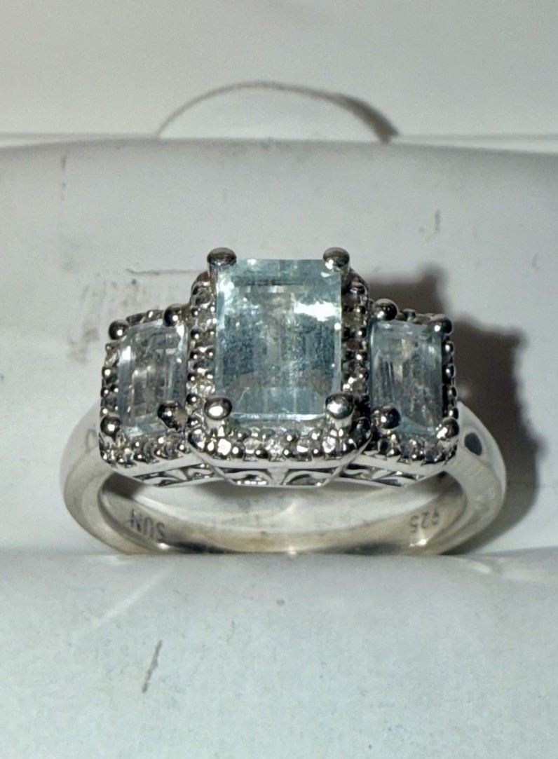 ESTATE Solid Sterling Silver Emerald-Cut Natural … - image 1