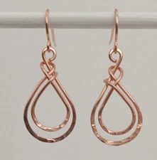 Handmade USA Copper Earrings Double Teardrop Hoops Hammered And Textured