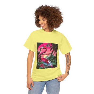 Neon Flamingo Sunset T-Shirt | Retro Tropical Palm Design