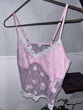Vintage Pink Lace Cami Top Y2K White Trim With Floral Details