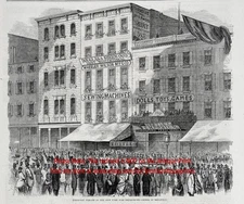 Fireman's Parade, Wheeler & Wilson Sewing Machines 1850s Antique Engraving Print