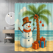 Colorful Christmas Shower Curtain with Snowman and Palm Tree Design