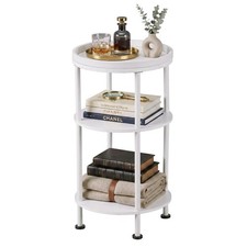 Small White Side Table, Round End Table with Wood Grain Texture, 3-Tier Farmh...