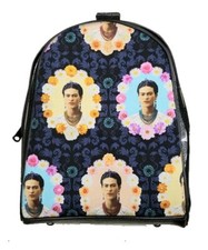 US HANDMADE Mini Backpack with " FRIDA KAHLO" Pattern Shiny Navy Blue Side