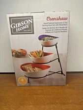Gibson Home Serving Bowl Set Crenshaw 4 Piece 3 Tier Multi Colored W/Stand NIN