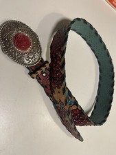 Ariat Silver Crystal Embellished Leather Belt Buckle Flashy Western - SIZE: 34