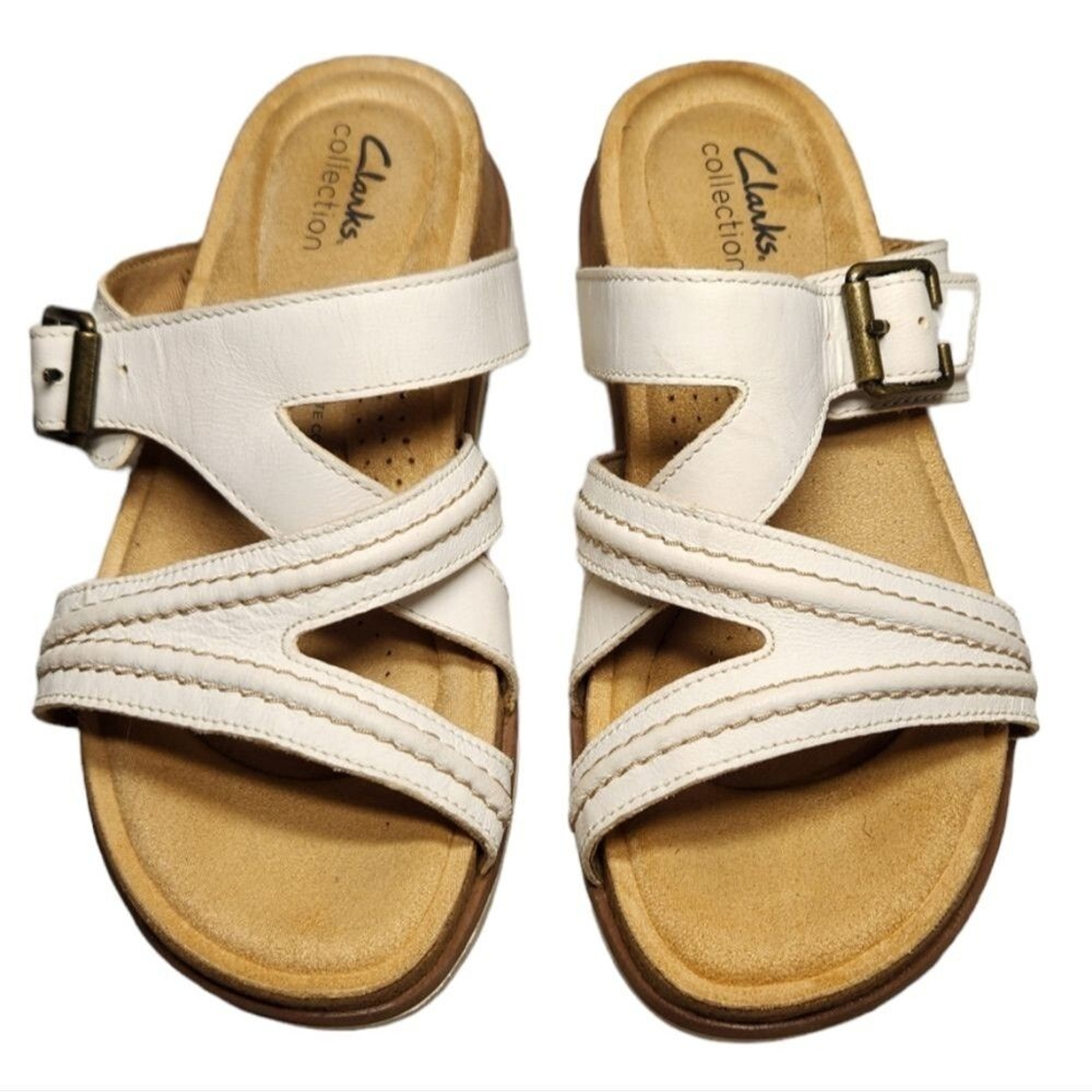 APL Sandali Clarks Slide Brynn Hope pelle bianco marrone slip on fibbia oro piatta 7