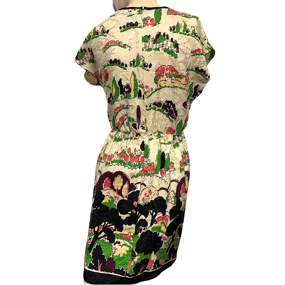 Vestido Anna Sui Mezcla Seda Estampado Árboles Tulipanes Naturaleza Escena Bosque Talla 6 Foto 4 de 4