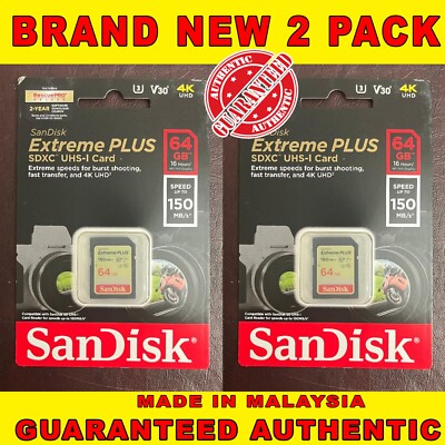 SanDisk Extreme PLUS 64GB SDSDXW6-064G-A SDXC UHS-I Card 4K 150MB/s Sealed 2PK