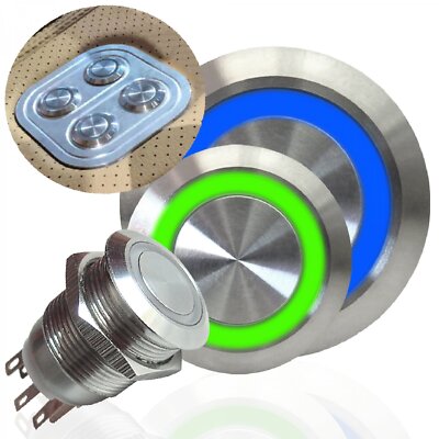 16mm Billet Latching 12V Push Button Switch Blue and/or Green LED Illuminated