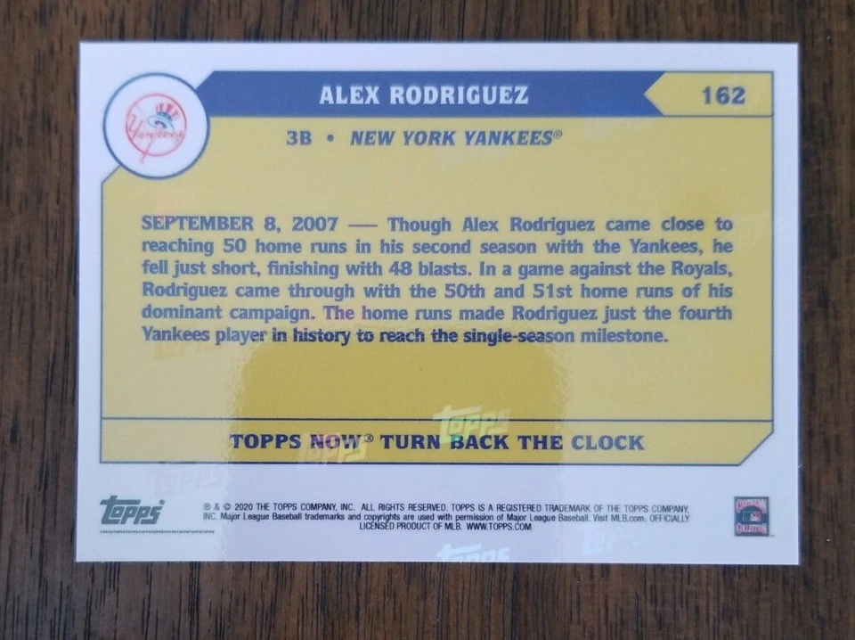 Alex Rodriguez 2020 TOPPS NOW Turn Back The Clock #162 Red Cherry Parallel 1/7 - Image 2 of 2