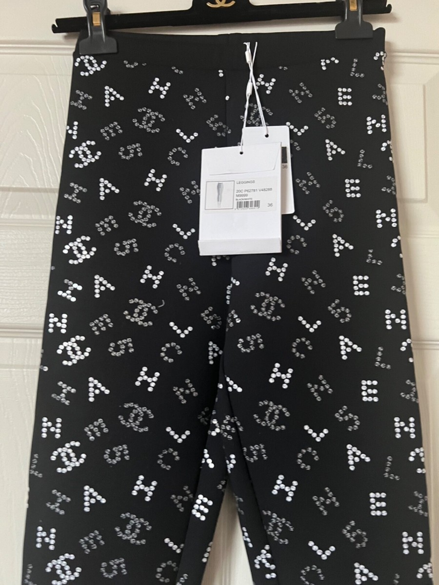 CHANEL 20C NEW TAGS BLACK WHITE METALLIC CC LOGO LEGGINGS