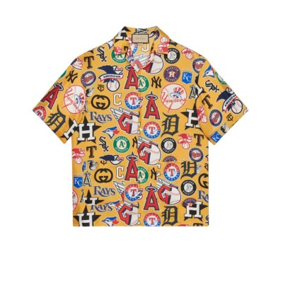 Authentic Men's Gucci Yellow MLB Logo Silk Bowling Shirt 717232 New $1700