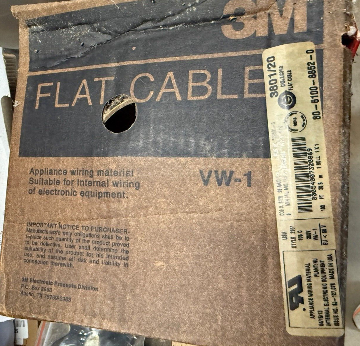 3M 3801/20 100ft Flat RIBBON Cable Appliance wiring material 100 feet/26 AWG NEW